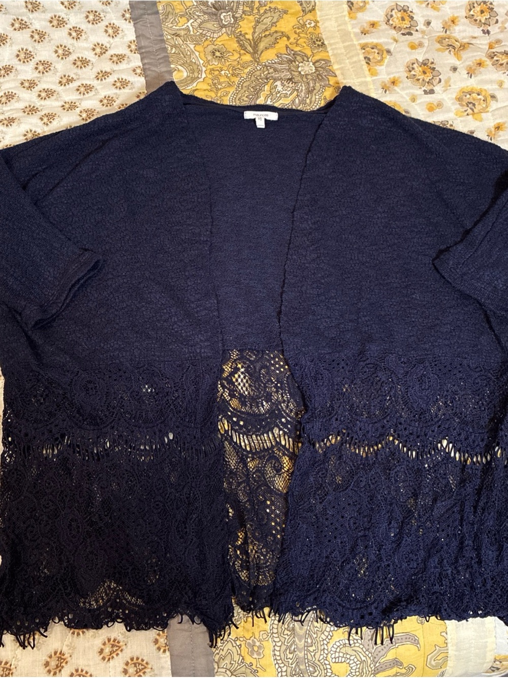 Maurices Open Front Short Sleeve Cardigan Sz L Navy Boho Hippie Lace Cottagecore